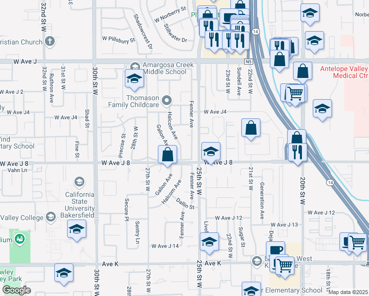 map of restaurants, bars, coffee shops, grocery stores, and more near 44028 Halcom Avenue in Lancaster