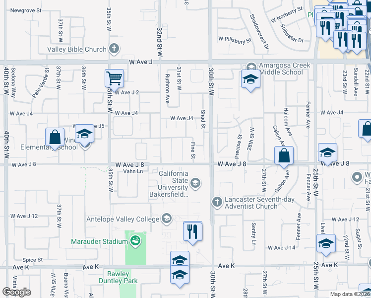 map of restaurants, bars, coffee shops, grocery stores, and more near 44034 31st Street West in Lancaster