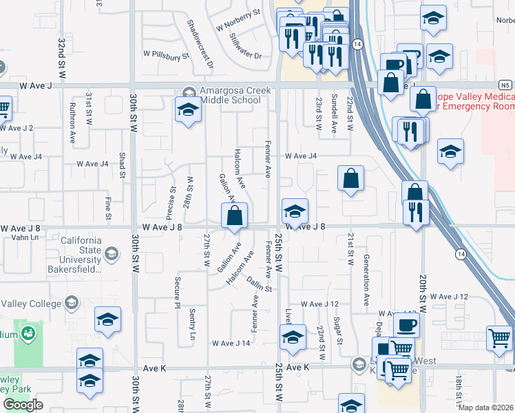 map of restaurants, bars, coffee shops, grocery stores, and more near 44028 Halcom Avenue in Lancaster