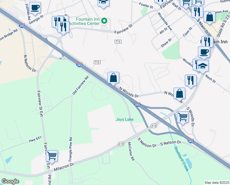 map of restaurants, bars, coffee shops, grocery stores, and more near 816 North Nelson Drive in Fountain Inn