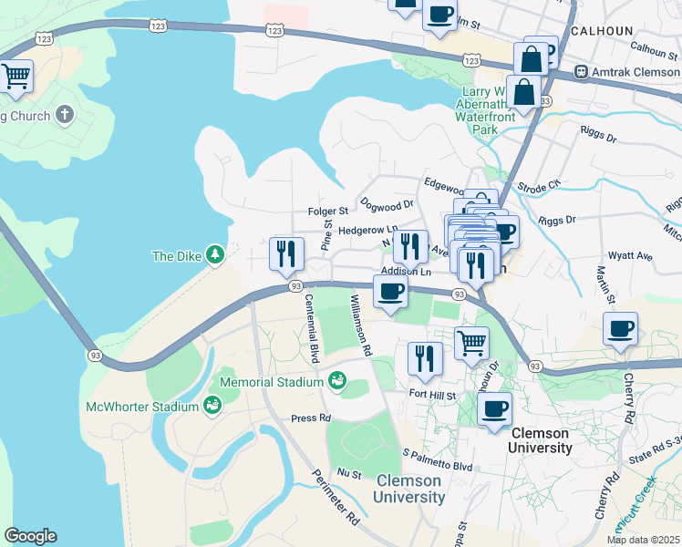 map of restaurants, bars, coffee shops, grocery stores, and more near in Clemson