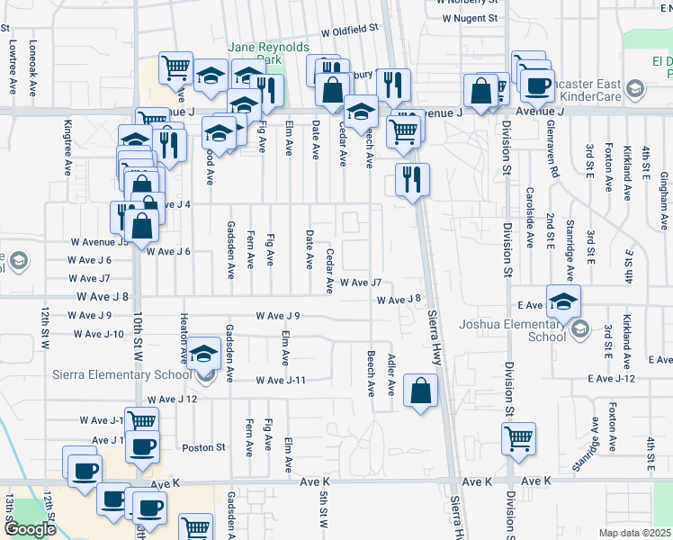 map of restaurants, bars, coffee shops, grocery stores, and more near 44036 Cedar Avenue in Lancaster