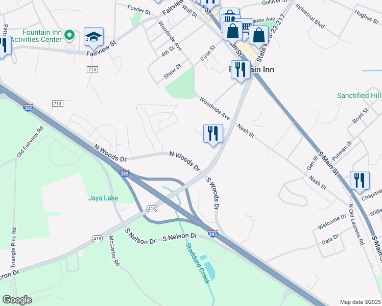 map of restaurants, bars, coffee shops, grocery stores, and more near 124 North Woods Drive in Fountain Inn