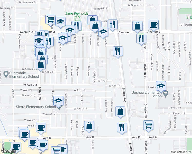 map of restaurants, bars, coffee shops, grocery stores, and more near 44036 Cedar Avenue in Lancaster