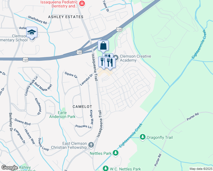map of restaurants, bars, coffee shops, grocery stores, and more near 100 Pershing Avenue in Clemson