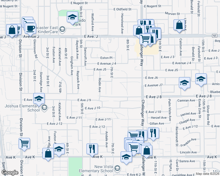 map of restaurants, bars, coffee shops, grocery stores, and more near 44022 Andale Avenue in Lancaster