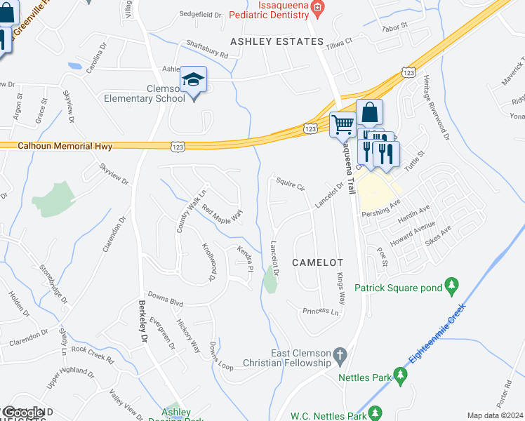 map of restaurants, bars, coffee shops, grocery stores, and more near 532 Squire Circle in Clemson