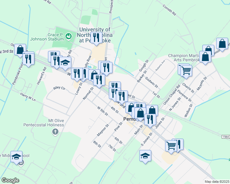 map of restaurants, bars, coffee shops, grocery stores, and more near 305 College Street in Pembroke