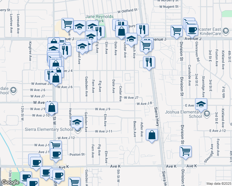 map of restaurants, bars, coffee shops, grocery stores, and more near 44034 Date Avenue in Lancaster
