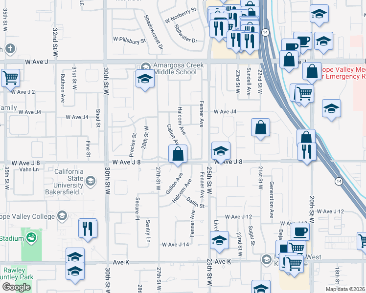map of restaurants, bars, coffee shops, grocery stores, and more near 44028 Galion Avenue in Lancaster