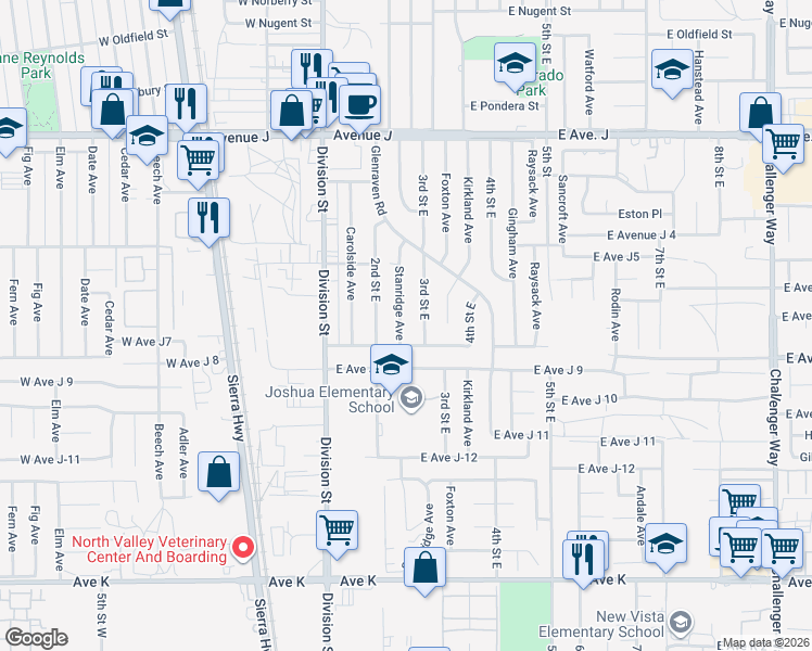 map of restaurants, bars, coffee shops, grocery stores, and more near 44022 Stanridge Avenue in Lancaster