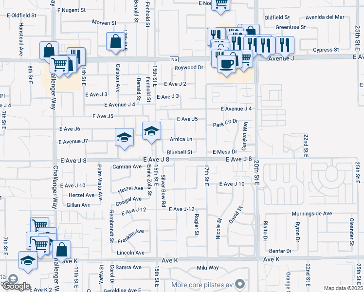 map of restaurants, bars, coffee shops, grocery stores, and more near 44031 Mallow Court in Lancaster