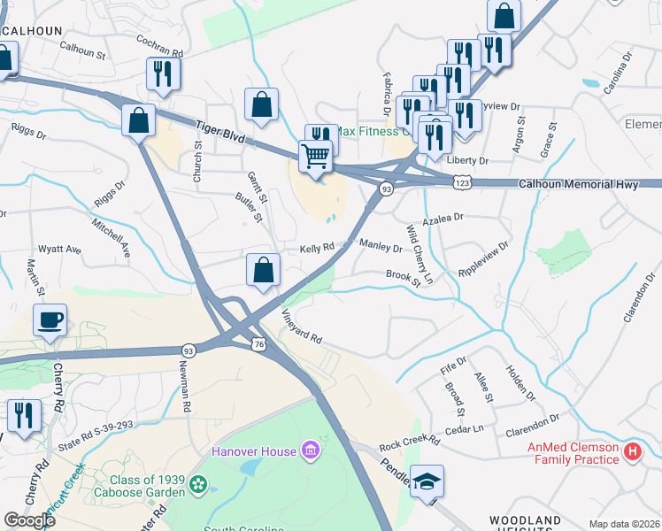 map of restaurants, bars, coffee shops, grocery stores, and more near 100 Brooks Street in Clemson