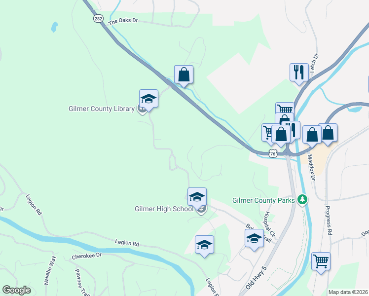 map of restaurants, bars, coffee shops, grocery stores, and more near 541 Georgia 282 in Ellijay