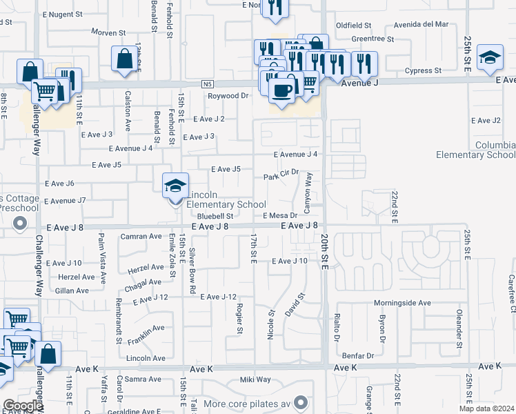 map of restaurants, bars, coffee shops, grocery stores, and more near 44030 17th Street East in Lancaster