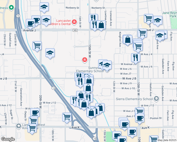 map of restaurants, bars, coffee shops, grocery stores, and more near 174 15th Street West in Lancaster