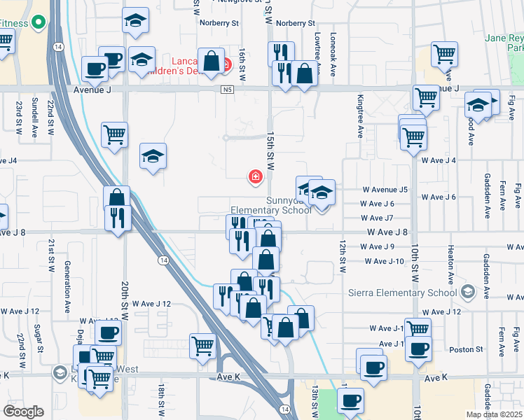 map of restaurants, bars, coffee shops, grocery stores, and more near 44045 15th Street West in Lancaster