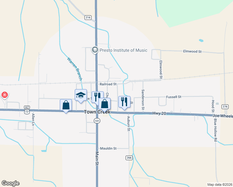 map of restaurants, bars, coffee shops, grocery stores, and more near 447 Meredith Street in Town Creek