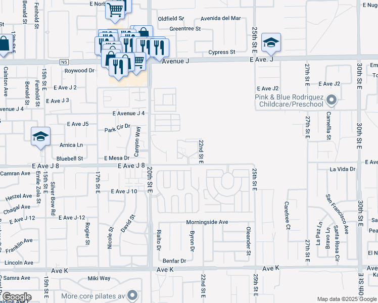 map of restaurants, bars, coffee shops, grocery stores, and more near 2101 East Avenue J 8 in Lancaster