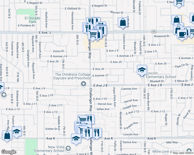 map of restaurants, bars, coffee shops, grocery stores, and more near 1028 East Avenue J7 in Lancaster