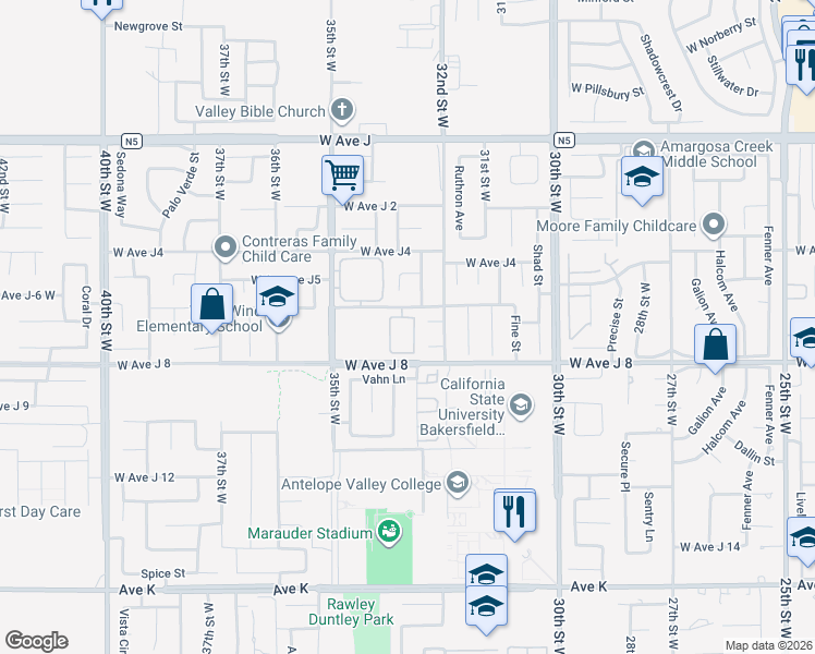 map of restaurants, bars, coffee shops, grocery stores, and more near 3230 West Avenue J-6 in Lancaster