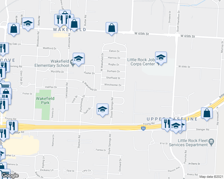 map of restaurants, bars, coffee shops, grocery stores, and more near 17 South Wakefield Drive in Little Rock
