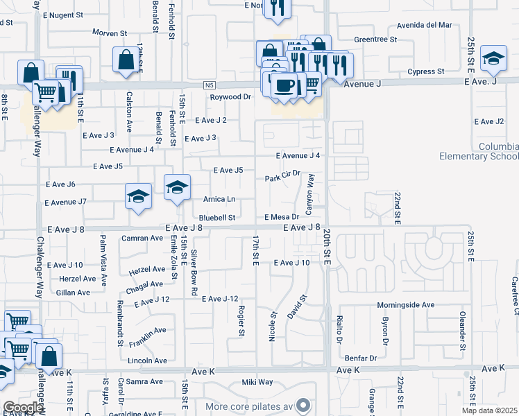 map of restaurants, bars, coffee shops, grocery stores, and more near 44030 17th Street East in Lancaster
