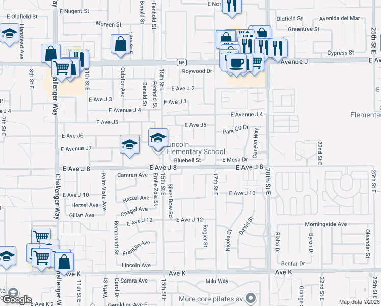 map of restaurants, bars, coffee shops, grocery stores, and more near 44031 Mallow Court in Lancaster