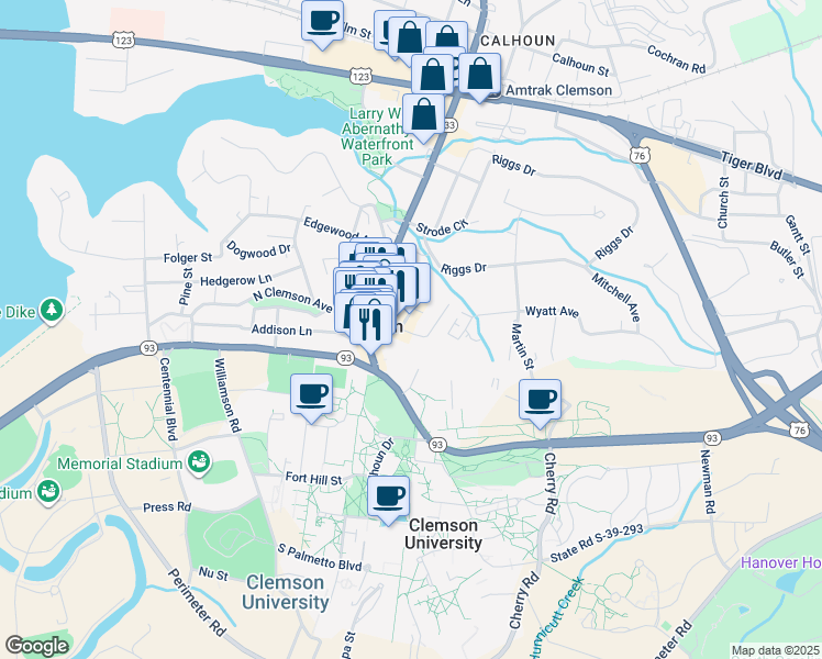 map of restaurants, bars, coffee shops, grocery stores, and more near 114 Earle Street in Clemson