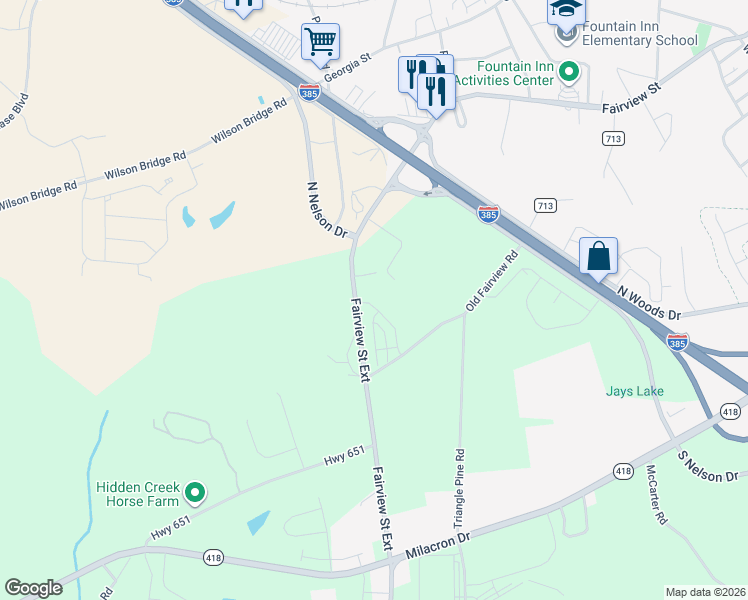 map of restaurants, bars, coffee shops, grocery stores, and more near 201 Fairview Street Exd in Fountain Inn