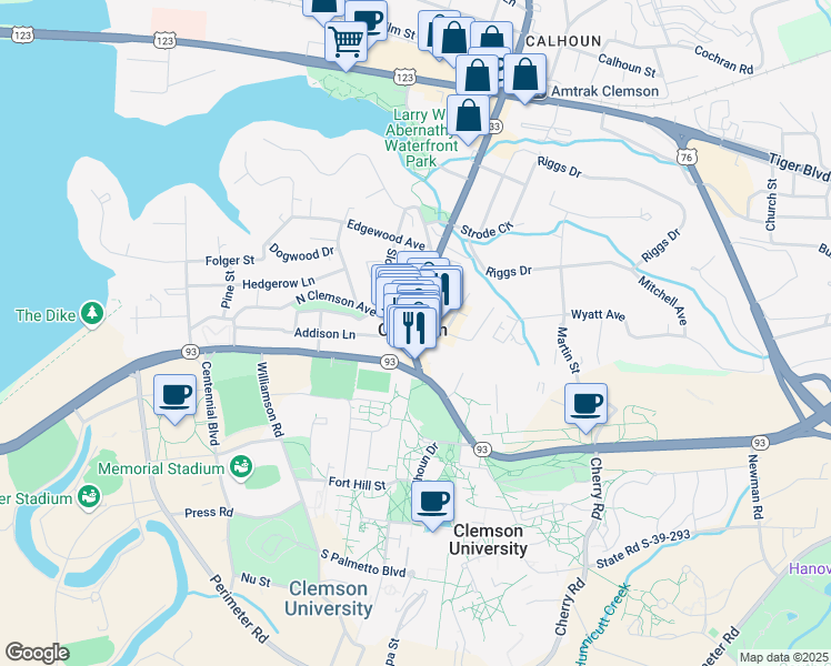 map of restaurants, bars, coffee shops, grocery stores, and more near 368 College Avenue in Clemson