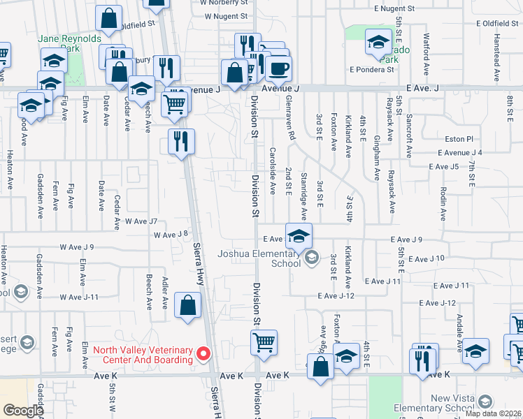 map of restaurants, bars, coffee shops, grocery stores, and more near 44024 Division Street in Lancaster