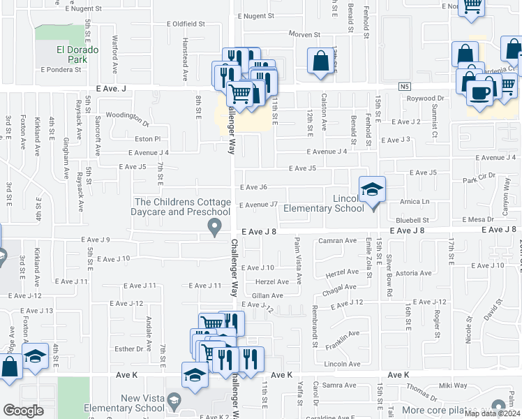 map of restaurants, bars, coffee shops, grocery stores, and more near 1028 East Avenue J7 in Lancaster