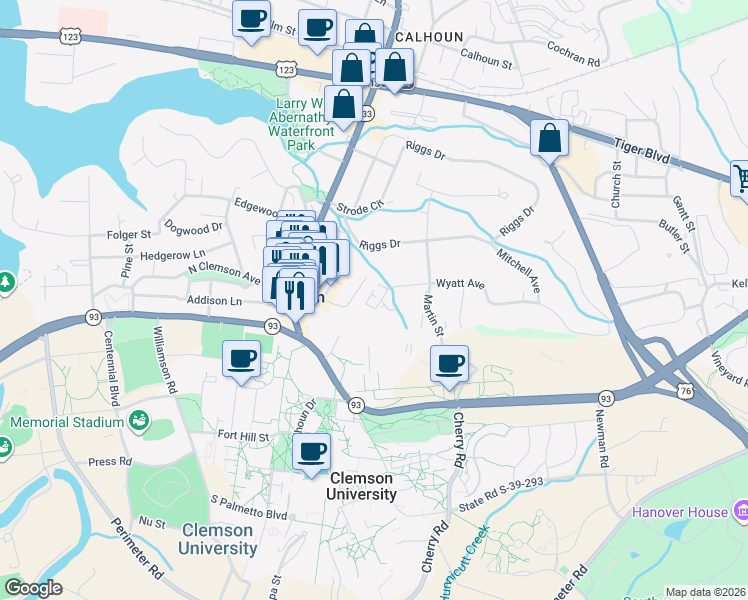 map of restaurants, bars, coffee shops, grocery stores, and more near 99 Wyatt Avenue in Clemson
