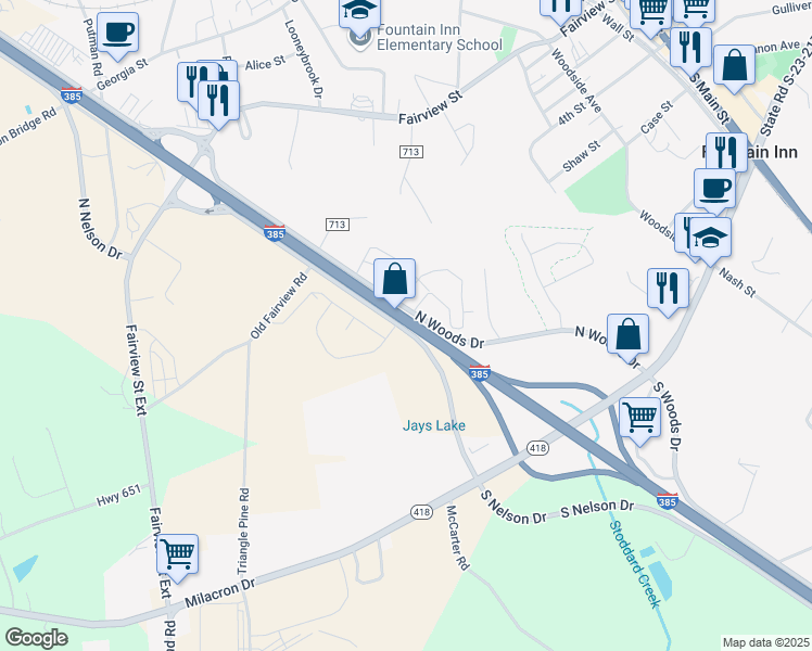 map of restaurants, bars, coffee shops, grocery stores, and more near 816 North Nelson Drive in Fountain Inn