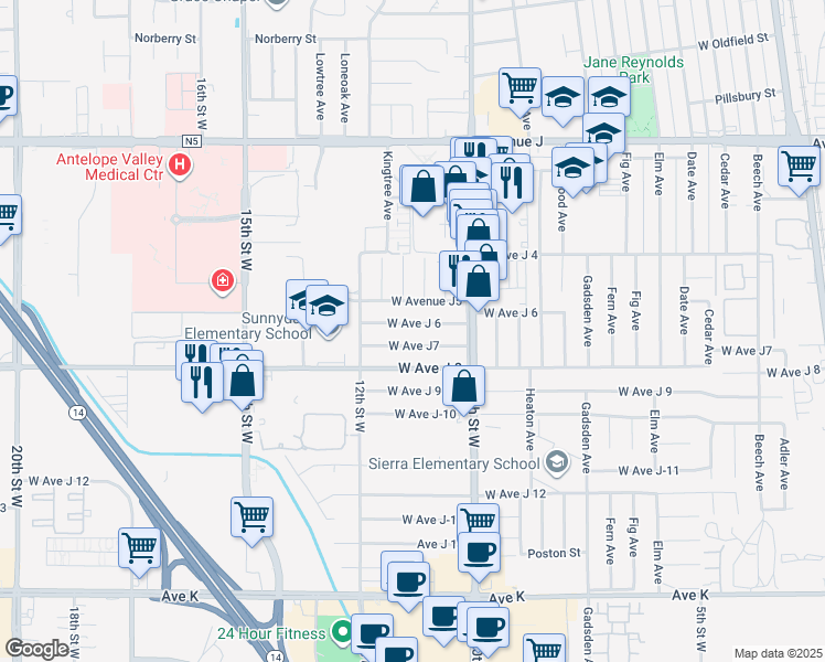 map of restaurants, bars, coffee shops, grocery stores, and more near 1102 West Avenue J 6 in Lancaster
