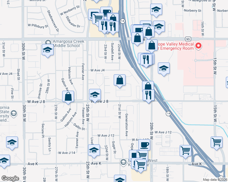 map of restaurants, bars, coffee shops, grocery stores, and more near 44041 22nd Street West in Lancaster