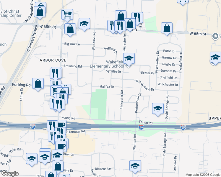 map of restaurants, bars, coffee shops, grocery stores, and more near 5307 Halifax Drive in Little Rock