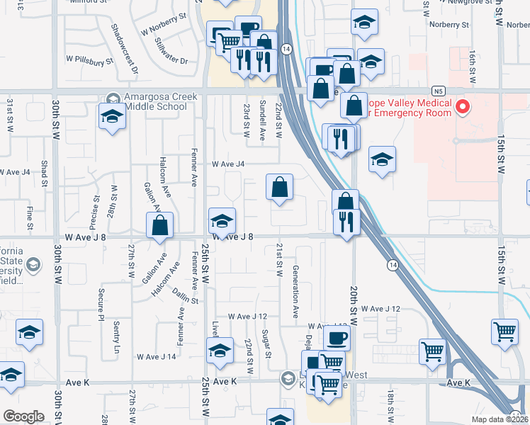 map of restaurants, bars, coffee shops, grocery stores, and more near 44041 22nd Street West in Lancaster