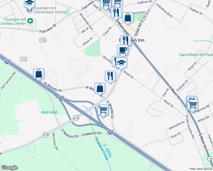 map of restaurants, bars, coffee shops, grocery stores, and more near 124 North Woods Drive in Fountain Inn
