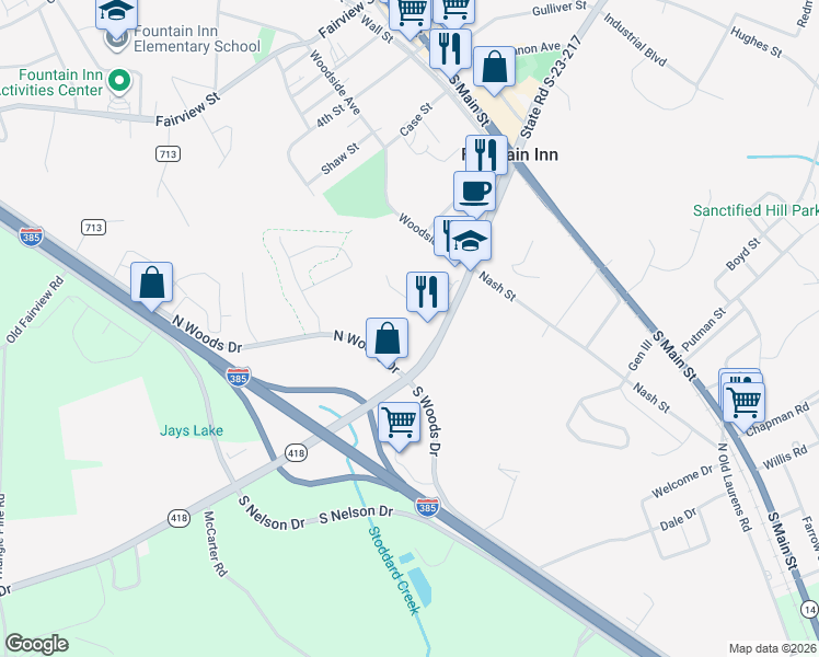 map of restaurants, bars, coffee shops, grocery stores, and more near 124 North Woods Drive in Fountain Inn