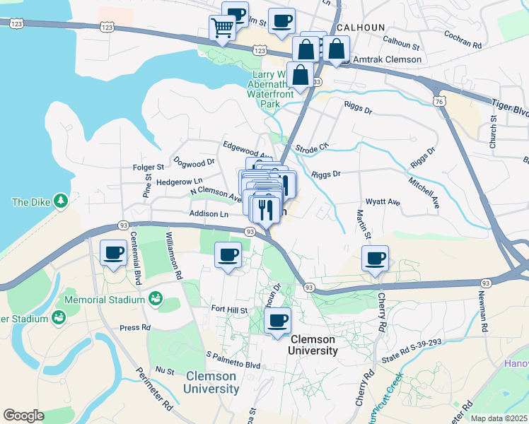 map of restaurants, bars, coffee shops, grocery stores, and more near  in Clemson