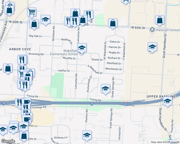 map of restaurants, bars, coffee shops, grocery stores, and more near 5011 Halifax Drive in Little Rock