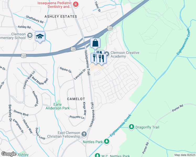 map of restaurants, bars, coffee shops, grocery stores, and more near 100 Pershing Avenue in Clemson