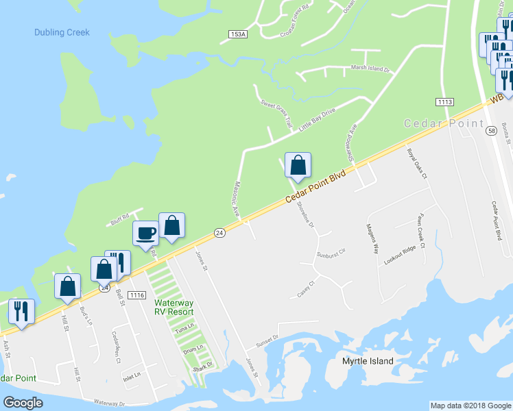 map of restaurants, bars, coffee shops, grocery stores, and more near 1049 Cedar Point Boulevard in Cedar Point
