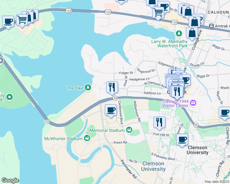 map of restaurants, bars, coffee shops, grocery stores, and more near 200 Oak Street in Clemson