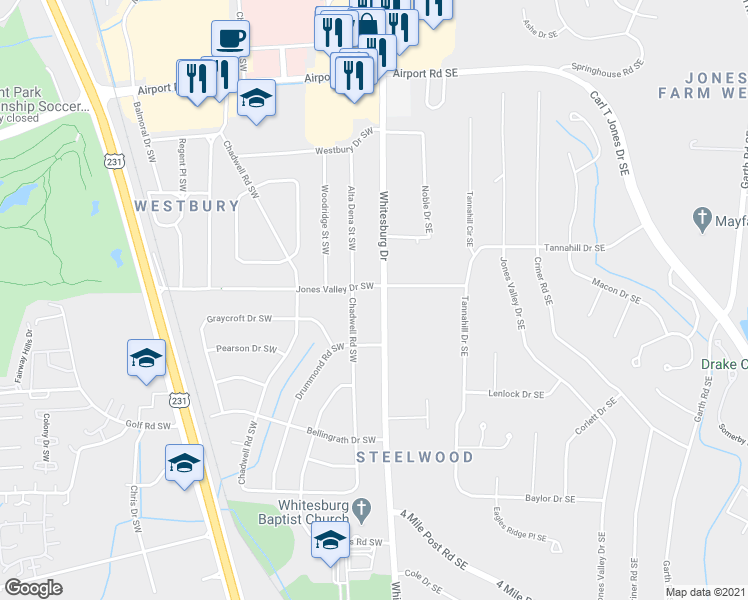 map of restaurants, bars, coffee shops, grocery stores, and more near 6002 Whitesburg Drive South in Huntsville