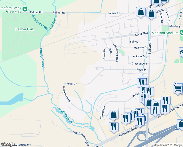 map of restaurants, bars, coffee shops, grocery stores, and more near 162 Royal Drive in Madison