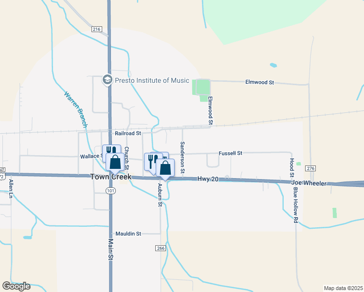 map of restaurants, bars, coffee shops, grocery stores, and more near 431 Sanderson Street in Town Creek