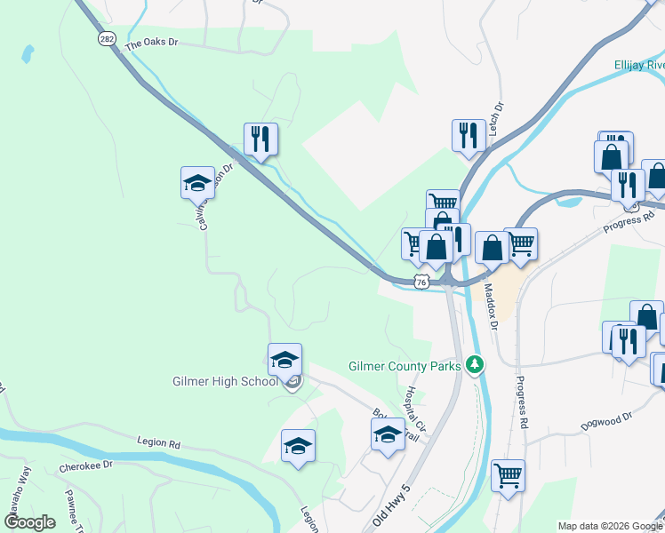 map of restaurants, bars, coffee shops, grocery stores, and more near Summit View Drive in Ellijay